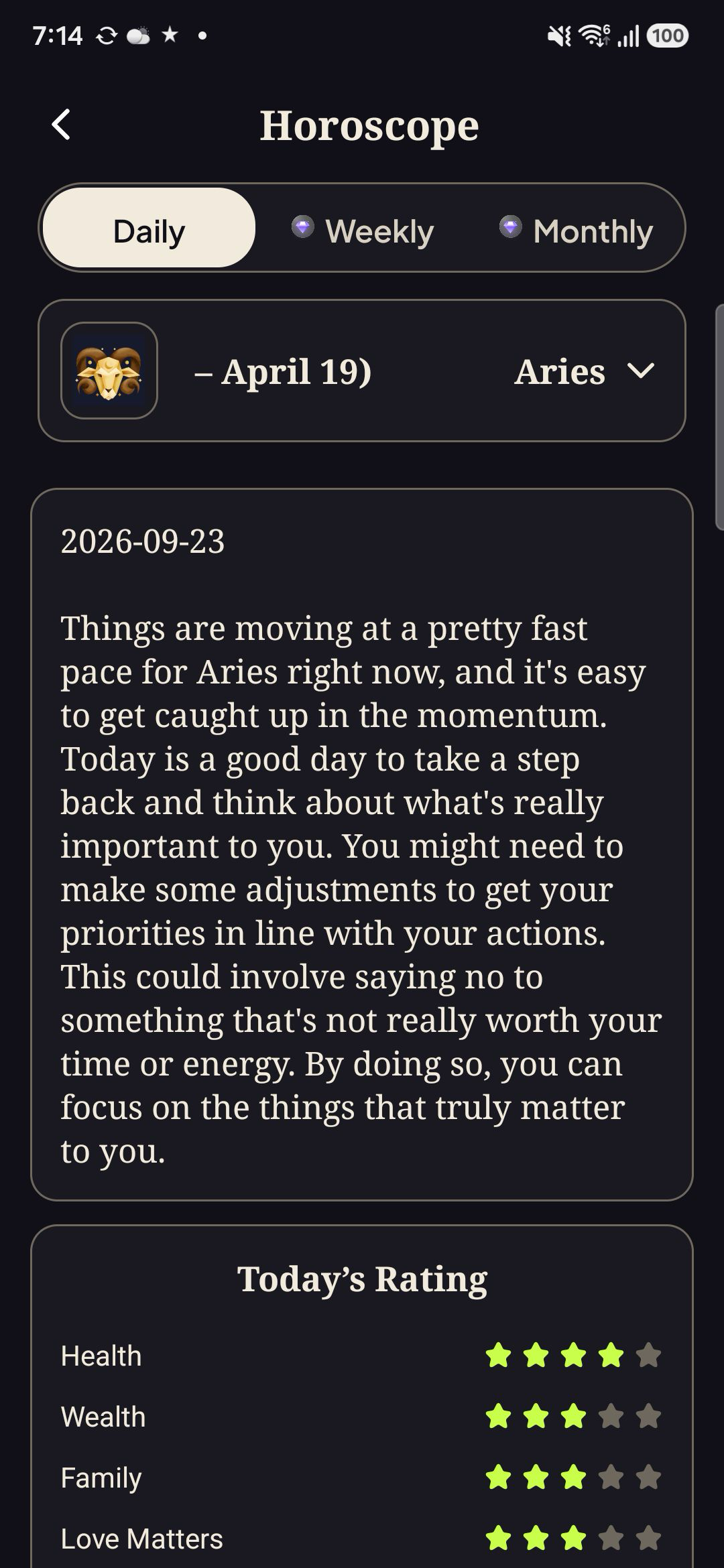 Daily horoscope detail for a selected zodiac sign